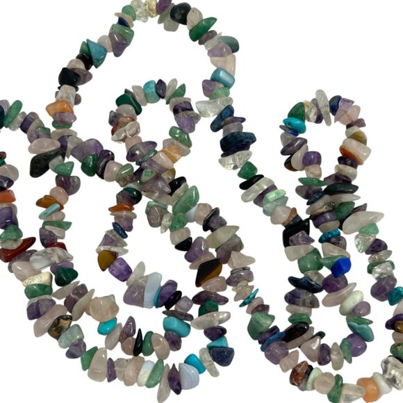 Multi Stone Chip Chippy Necklace Long Strand Semi Precious Gemstones Multi Color - Picture 7 of 8